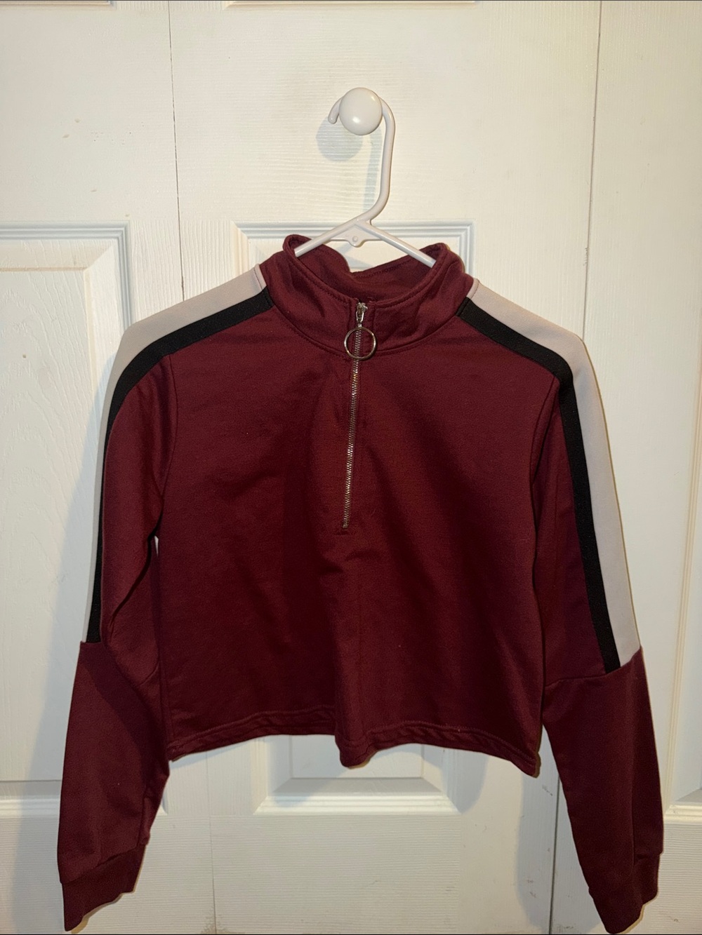 Stella Tweed Burgundy Cropped Half-Zip with Black and Light Gray Stripes